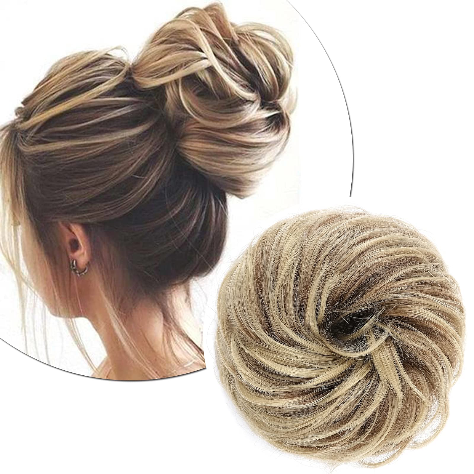 Silk-co Scrunchy Scrunchie Hair Bun Extensions Thick Updo Hairpiece Ponytail Wavy Curly Messy Donut Hair Chignons Hair Piece - Light Brown mix Ash Blonde