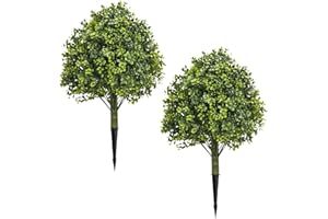 UNADRA Fake Bushes Outdoors Topiary Trees Set of 2-23.6'' Artificial Shrubs Boxwood Balls with Ground Spikes for Front Porch Decor, Faux Plants UV Resistant Easter Decorations for Home