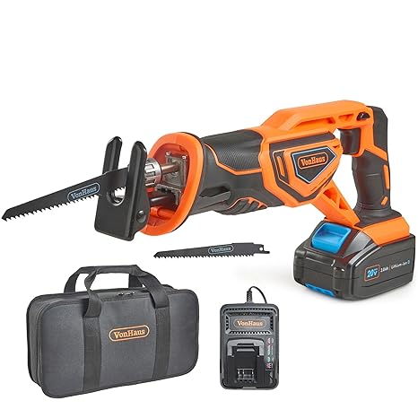 VonHaus 20V Max Akku Säbelsäge, Variabler Geschwindigkeitsschalter, 2 Sägeblätter für Holz, Hublänge 22 mm – inkl. Akku, Lade