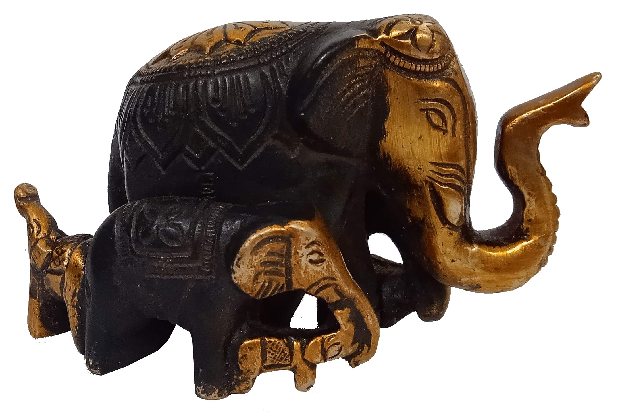 Purpledip Brass Statue Herd Of Elephants: Decorative Collectible Wildlife Showpiece or Good Luck Charm (12152)