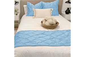 KBC linen Bed Runner 100% Cotton 800 Thread Count Pinch Pleated Bed Runner Solid, Easy Care Decorative Bed Scarf, 1 Piece Pinch Pleated Bed Runner, Queen Size (88"X20") Light Blue