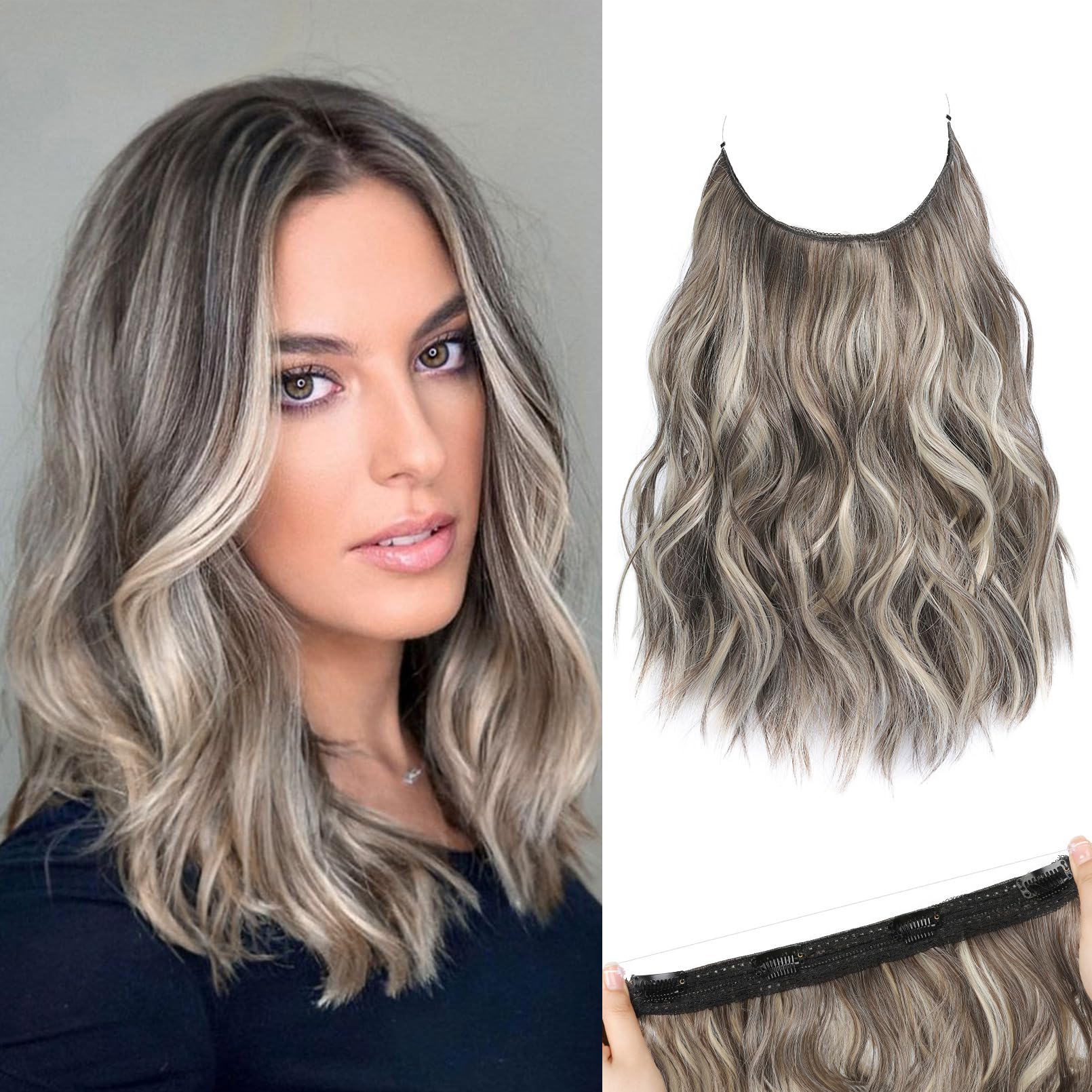 Photo 1 of REECHO Invisible Wire Synthetic Hair Extensions with Thinner Softer Lace Weft (Smoked Walnut with Platinum Highlights, 12 Inch (Pack of 1))