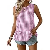BLENCOT Women Gingham Sleeveless Shirts Ruffle Round Neck Peplum Tank Tops Business Casual Dressy Blouses
