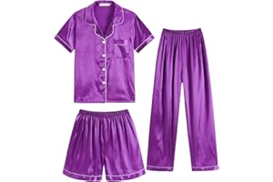 Hupohoi Unisex Girls Boys Kids Pajama Sets Button Down Satin Sleepwear Nighty 3PCS Silky Lounge Sets Nightwear