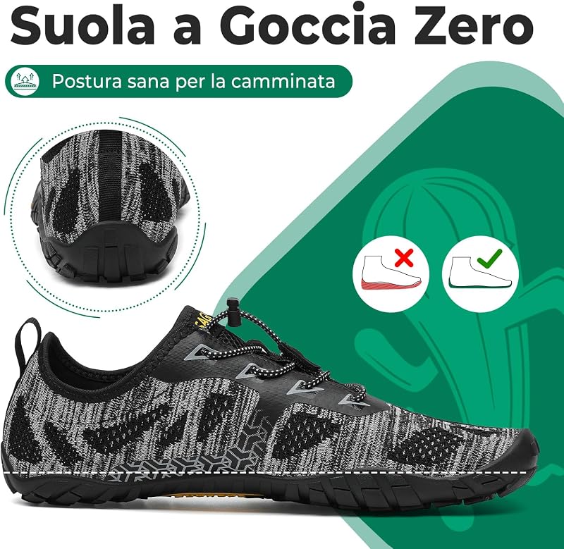 Barefoot Shoes Uomo Donna Scarpe Barefoot Minimaliste Traspiranti Scarpe a Piedi Nudi Leggere Scarpette Dita per Trail Running Trekking Palestra Nero Fumo,Gr.42