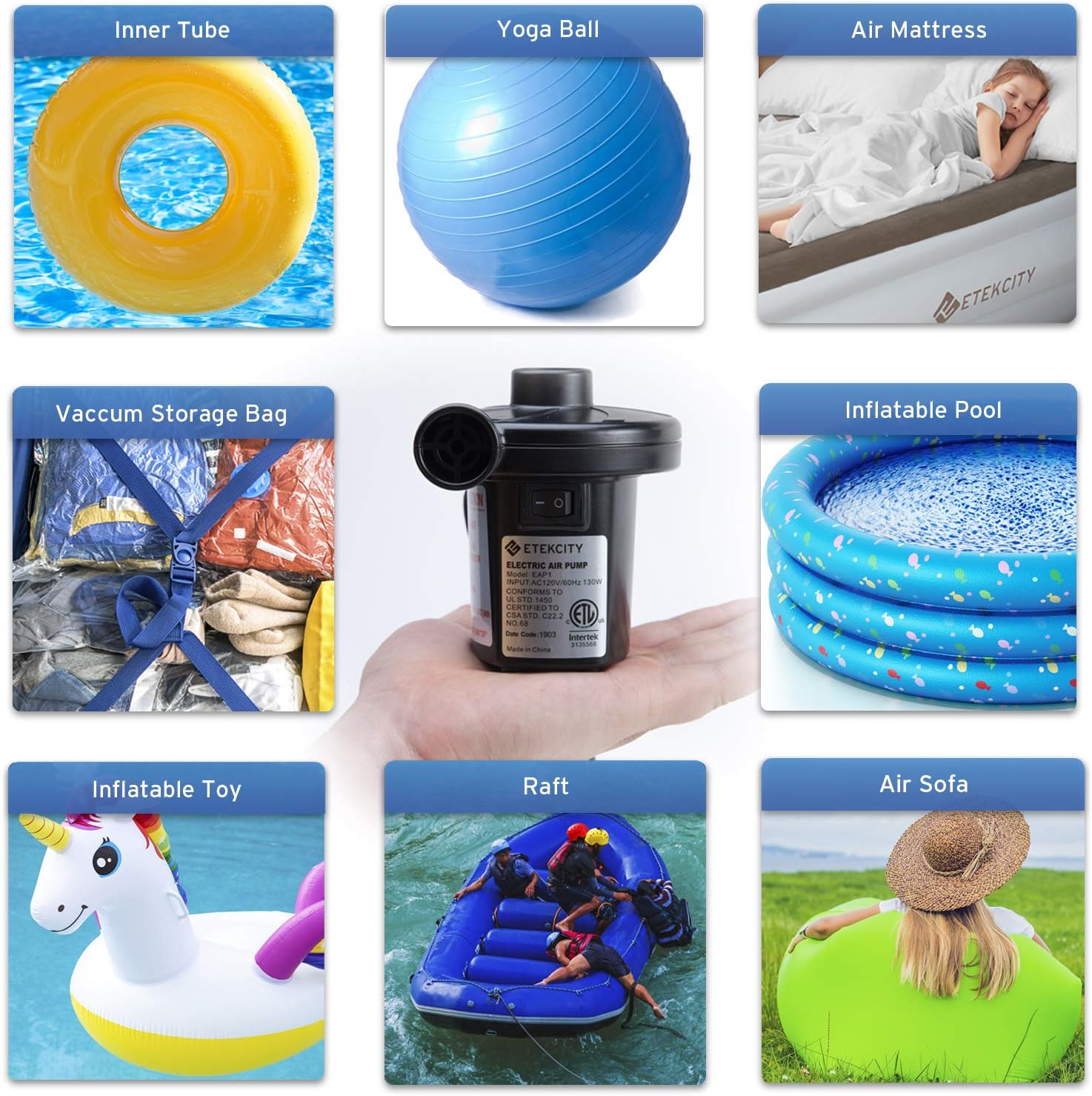 Etekcity Electric Air Pump Air Mattress Portable Pump for Inflatables Couch, Pool Floats, Blow up Pool Raft Bed Boat Toy,Quick-Fill AC Inflator Deflator with 3 Nozzles,110-120 Volt: Sports & Outdoors