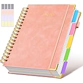 Hardcover Spiral Notebook Journal with Removable Dividers Tabs, 300 Pages Leather 5 Subject Notebook College Ruled, 8"x10" Large B5 Notebooks for Work School Note taking, Lined Journal for Women, Pink