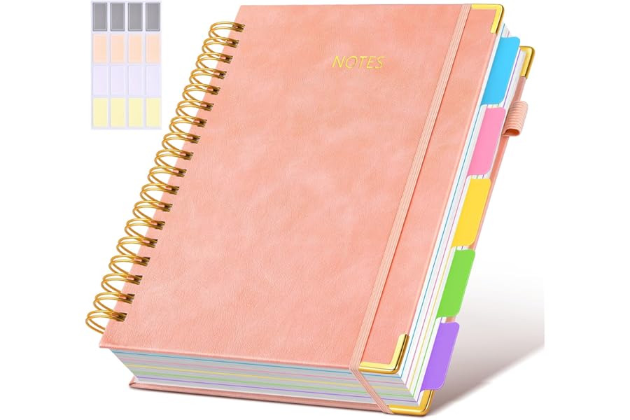 Hardcover Spiral Notebook Journal with Removable Dividers Tabs, 300 Pages Leather 5 Subject Notebook College Ruled, 8"x10" La