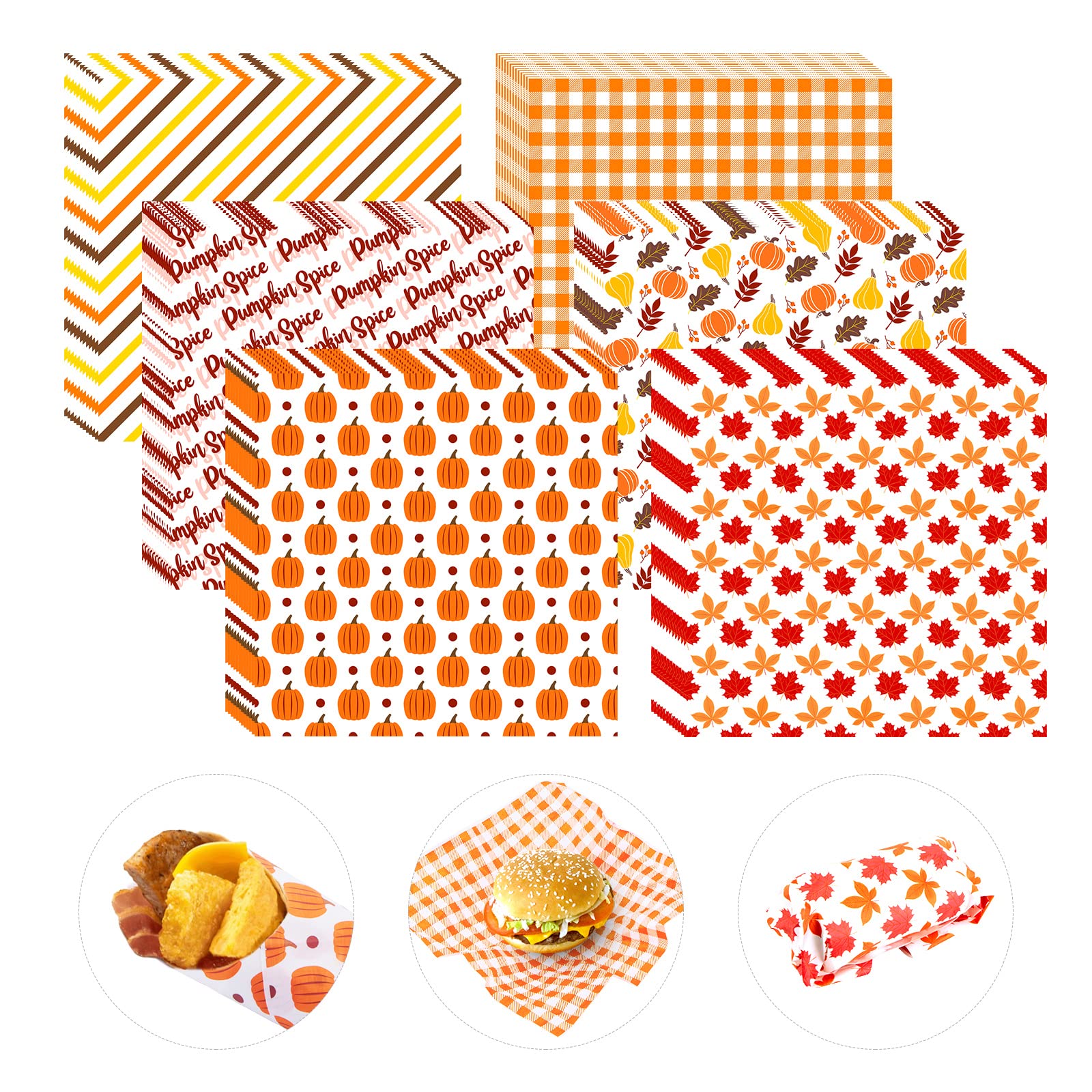 Photo 1 of 240Pcs Fall Thanksgiving Wax Paper Dry Waxed Deli Paper Sheet 12x12 inch Sandwich Wrap Pumpkin Maple Leaf Checkered Decorative Parchment Papers Food Basket Liners for Harvest Home Kitchen Picnic Party