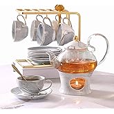 DUJUST 21 pcs Small Tea Set of 6, Gray Marble Texture with Handcraft Golden Trim, Fine Porcelain Tea pot Set for Kids&Adults, 1 Glass Teapot(22oz), 6 Cups(4oz), 6 Saucers, 6 Spoons, 1 Shelf&1 Warmer…