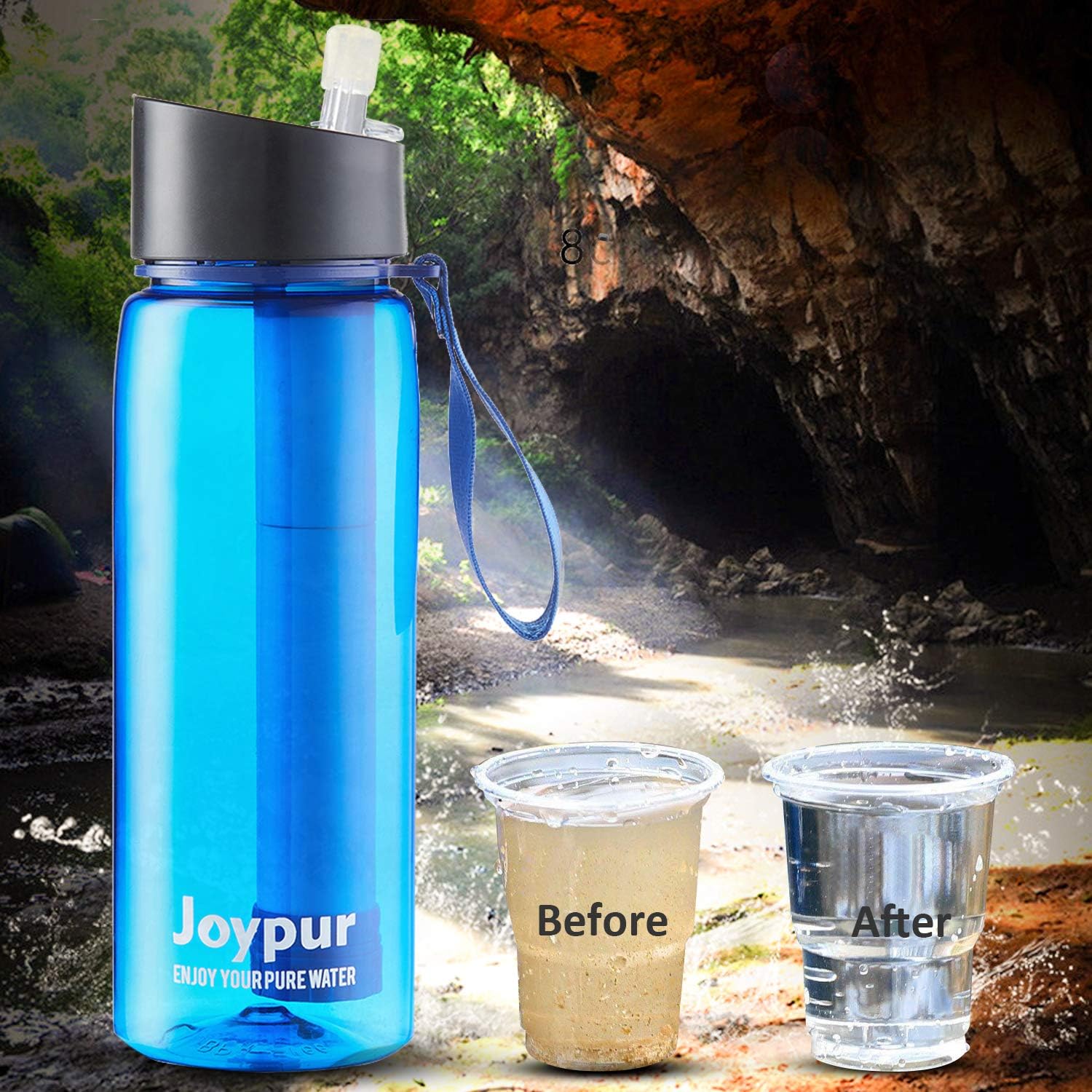 joypur Water Filter Bottle, BPA Free Water Purifier with 4-Stage Intergrated Filter Straw for Camping, Hiking, Travel Abroad, Emergency, Backpacking, Survival with Replaceable Filter, Blue (1pack) : Sports & Outdoors
