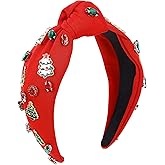 Christmas Headband for Women Xmas Tree Bow Knotted Hairband Red Rhinestone Crystal Jeweled Wide Top Knot Head Band for Christmas Holiday Hair Accessories Costume Party Decorations Outfits Gifts