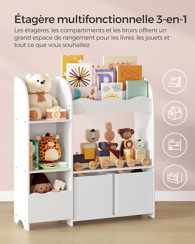 Étagère de Rangement pour Enfants, Bibliothèque, pour Livres et Jouets, Organisateur avec 2 Boîtes de Rangement, pour Salle de Jeux, Chambre d’Enfants, Salon, Blanc Nuage GKR042W01