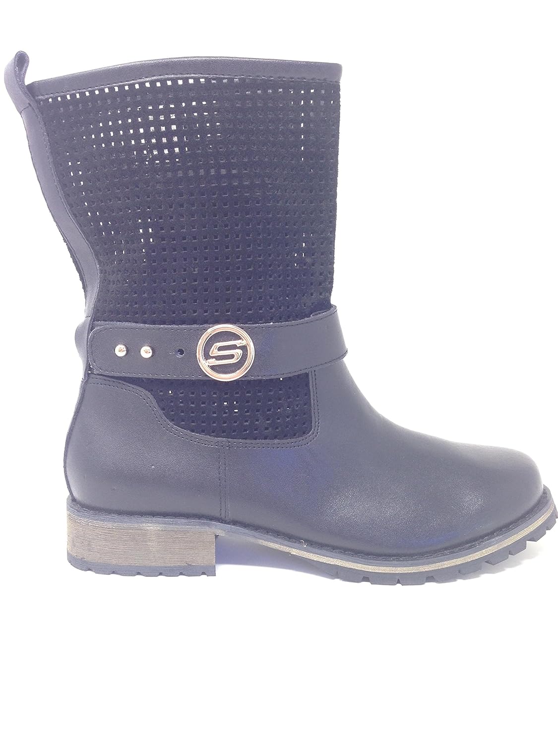 Skechers Women's Perforated Shaft Motorcycle Boot, Black, 6.5 M US Boots
