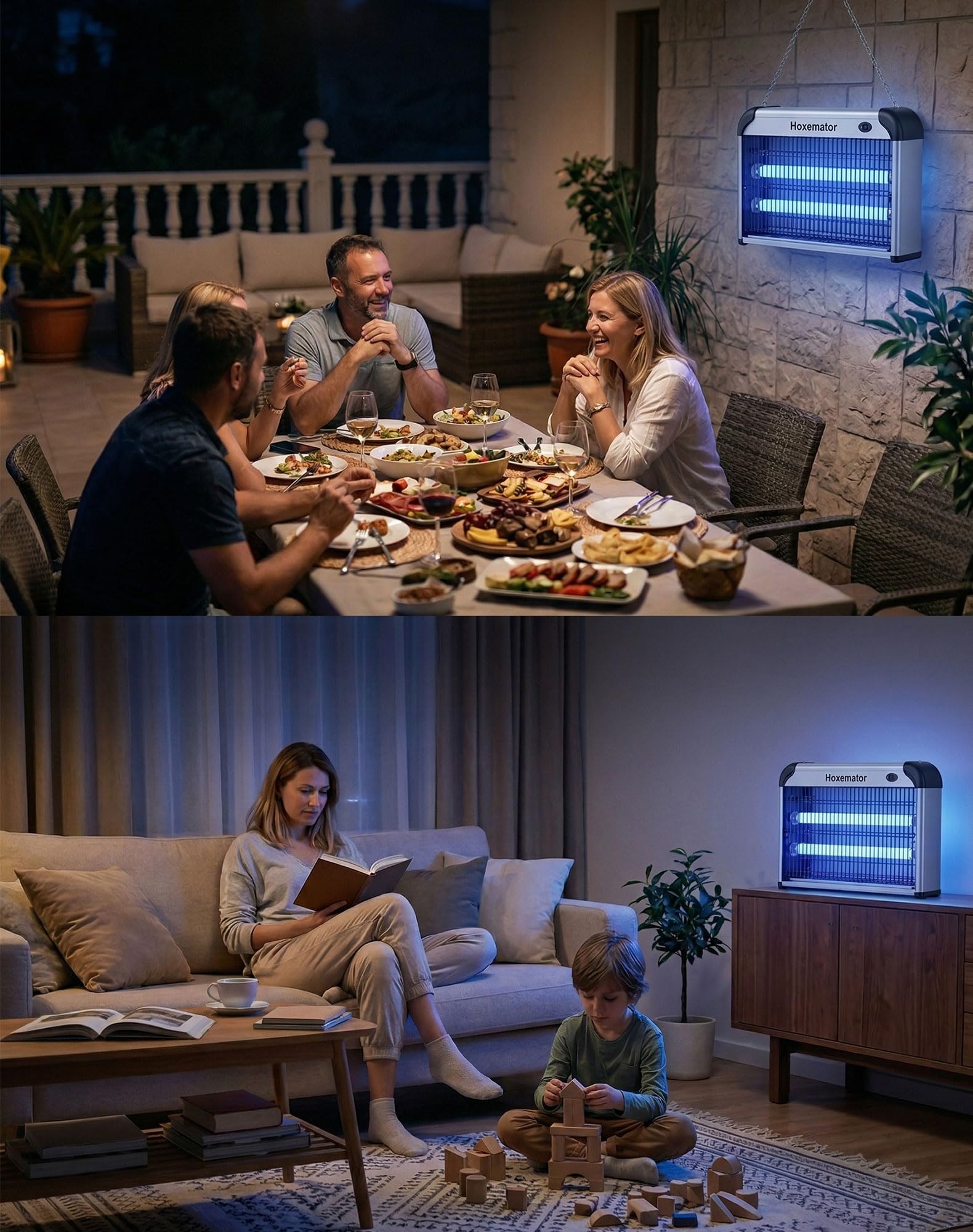 Hoxemator Elektrischer Insektenvernichter 20W Mückenlampe mit Dual 365nm UV Licht & 2000V Hochspannungs-Gitter, Fliegenfalle Elektrisch Chemiefrei, Hängend oder Tischgerät für Haus, Küche, Garage 6
