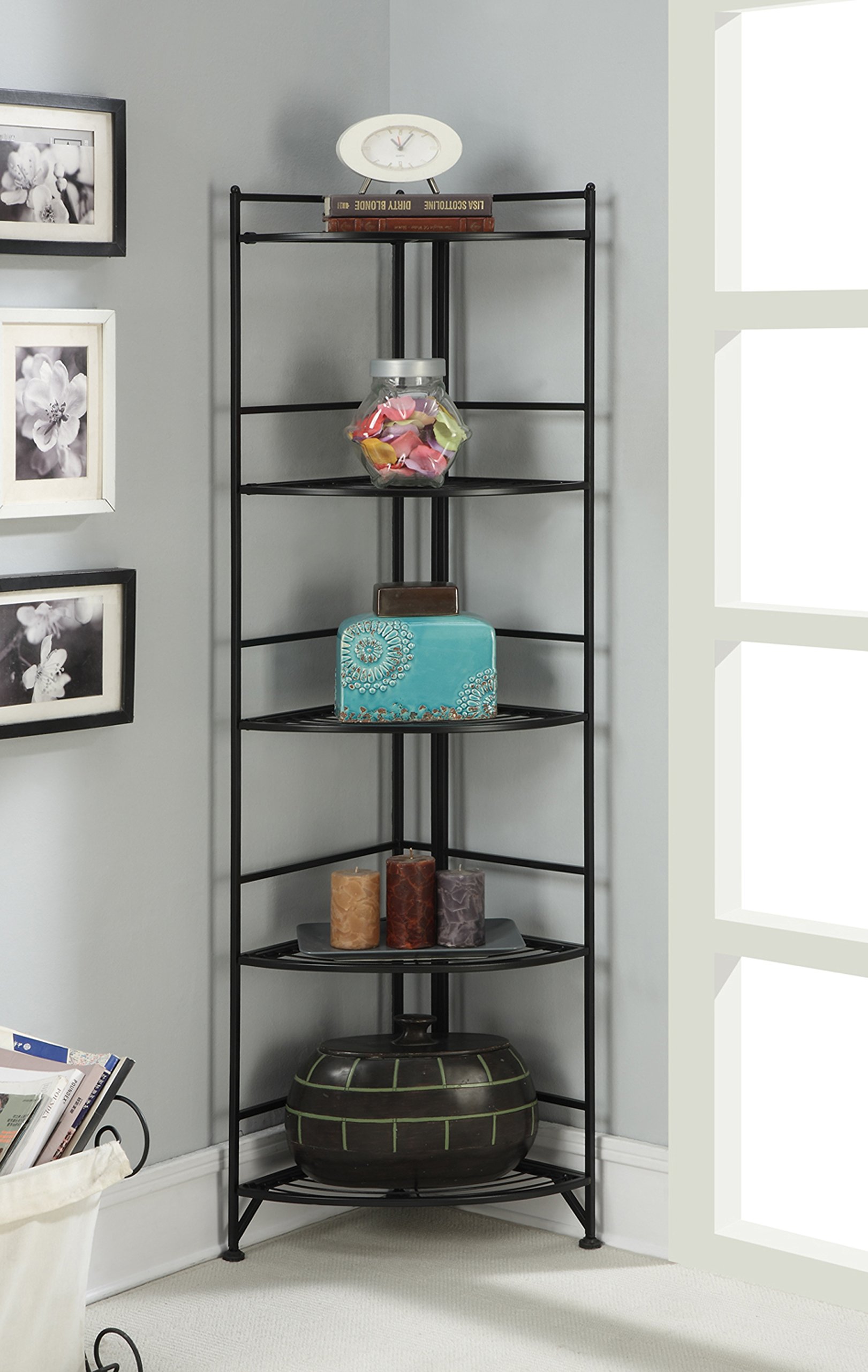Convenience Concepts 5 Tier Folding Metal Corner Shelf, Black Finish
