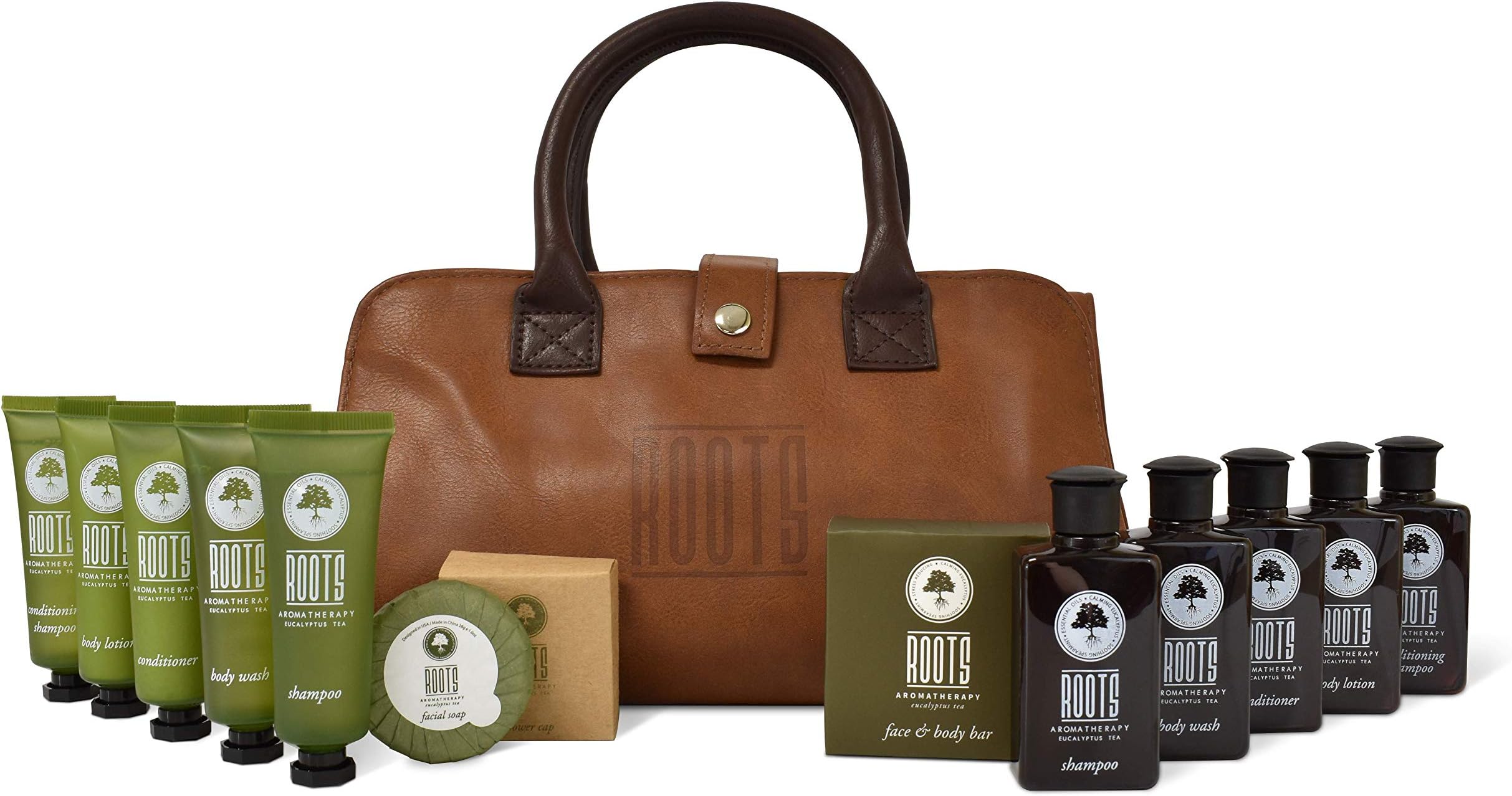 Roots Aromatherapy Amenity Kit (Eucalyptus Tea fragrance) for Travel, Hotels, Motels, Lodging, and Bed and Breakfast (LEATHER-LIKE BAG)