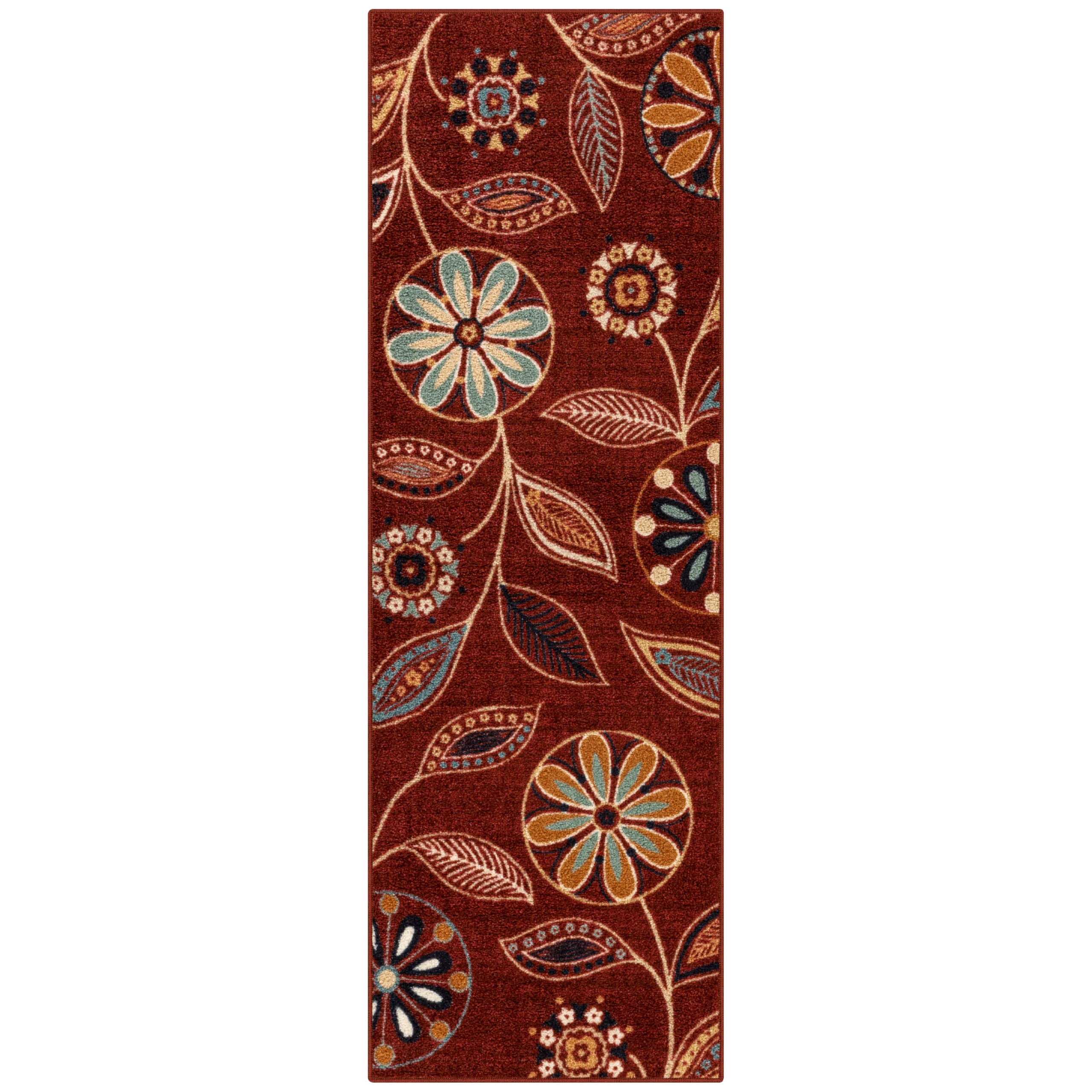 Maples Rugs Reggie Floral Runner Rug Non Slip Hallway Entry Carpet [Made in USA], 2' x 6', Merlot