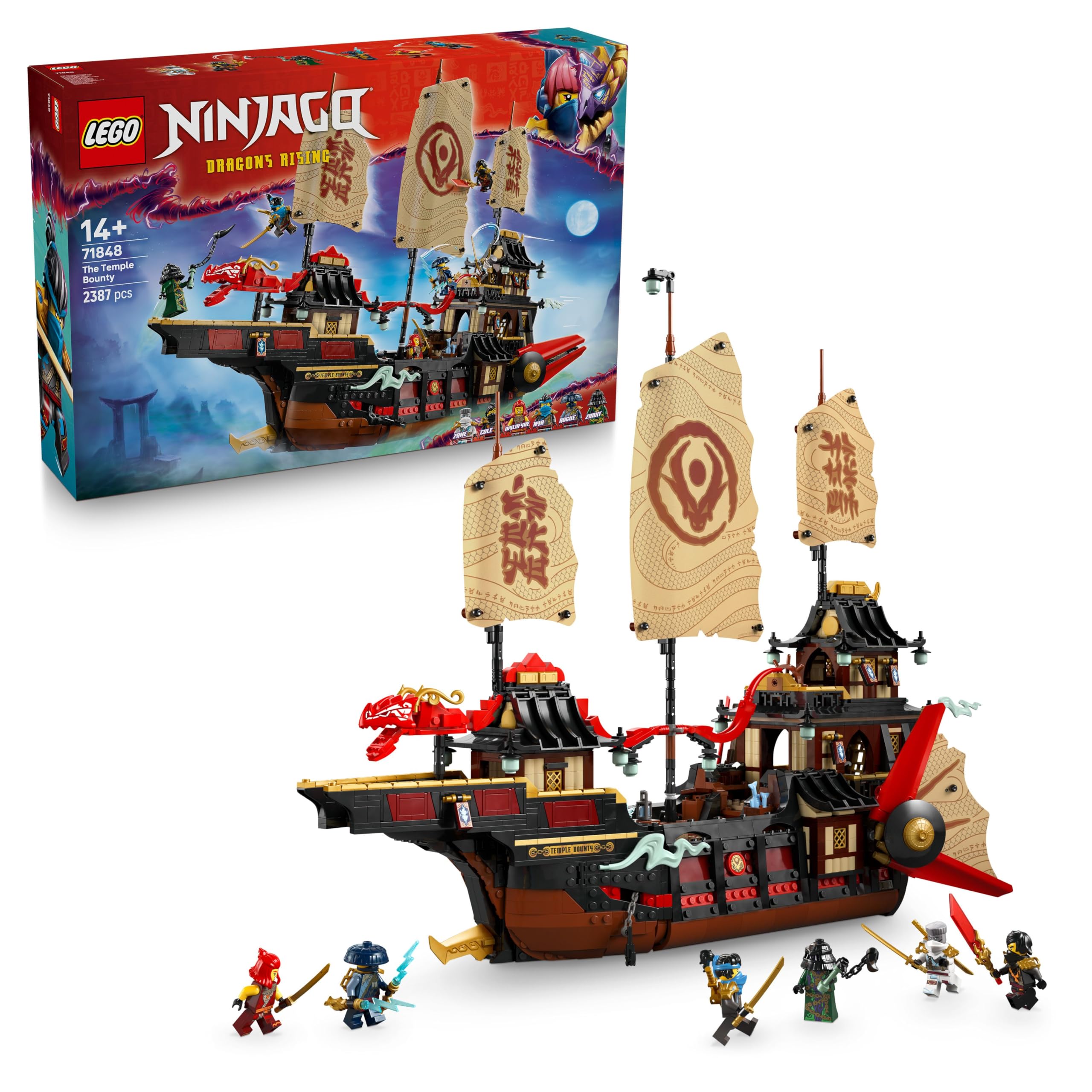 LEGO NINJAGO Il Bounty del Tempio - Barca Giocattolo Interattiva con Vele Mobili e 6 Minifigure tra cui Cole Zane e Nya - Regalo per Bambini da 14 Anni in su Fan di La Rivolta dei Draghi - 71848