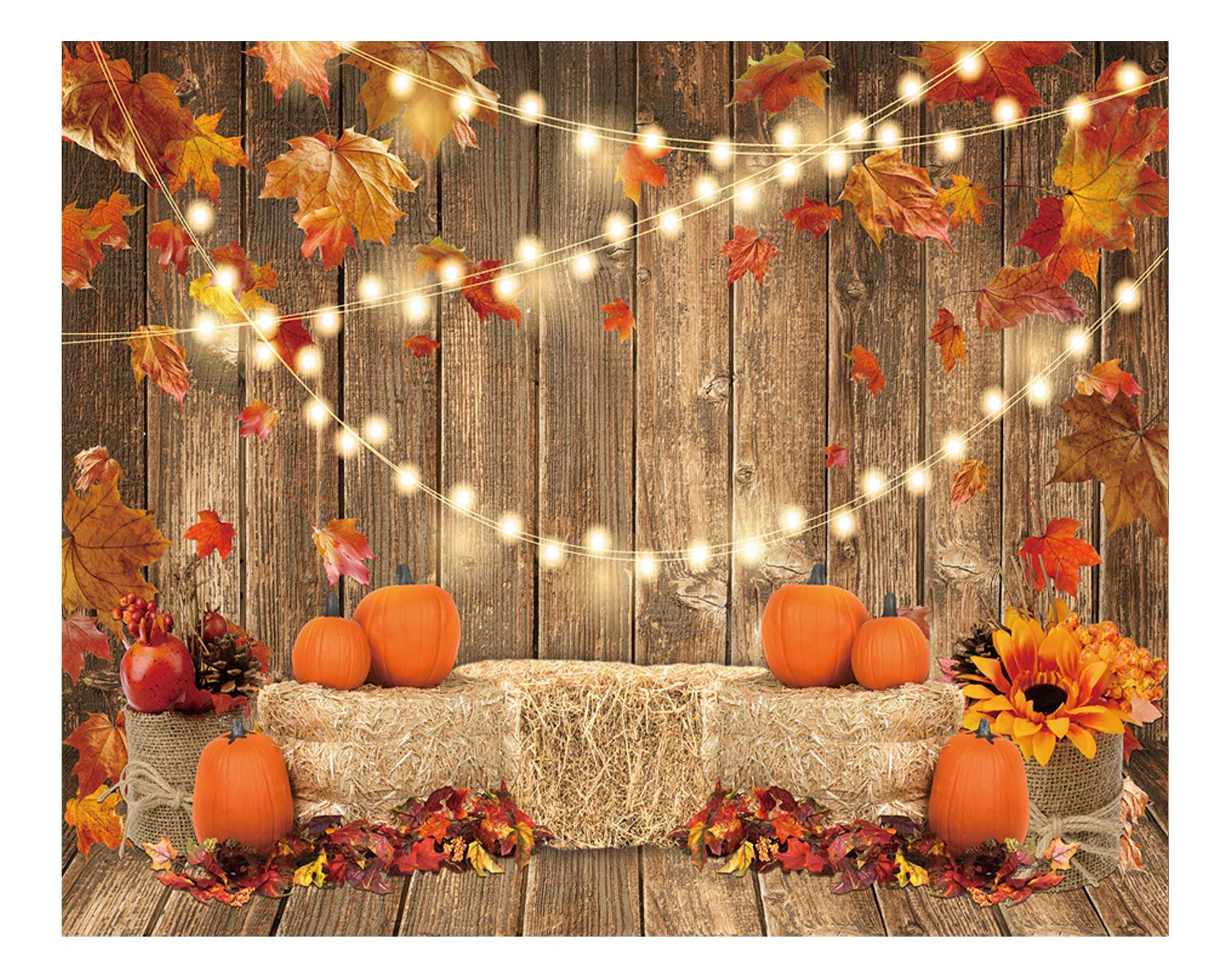 Photo 1 of Funnytree 10x8FT Fall Pumpkin Photography Backdrop Autumn Tanksgiving Harvest Hay Leaves Wooden Background Sunflower Maple Baby Shower Banner Decoration Party Supplies Photo Booth Prop