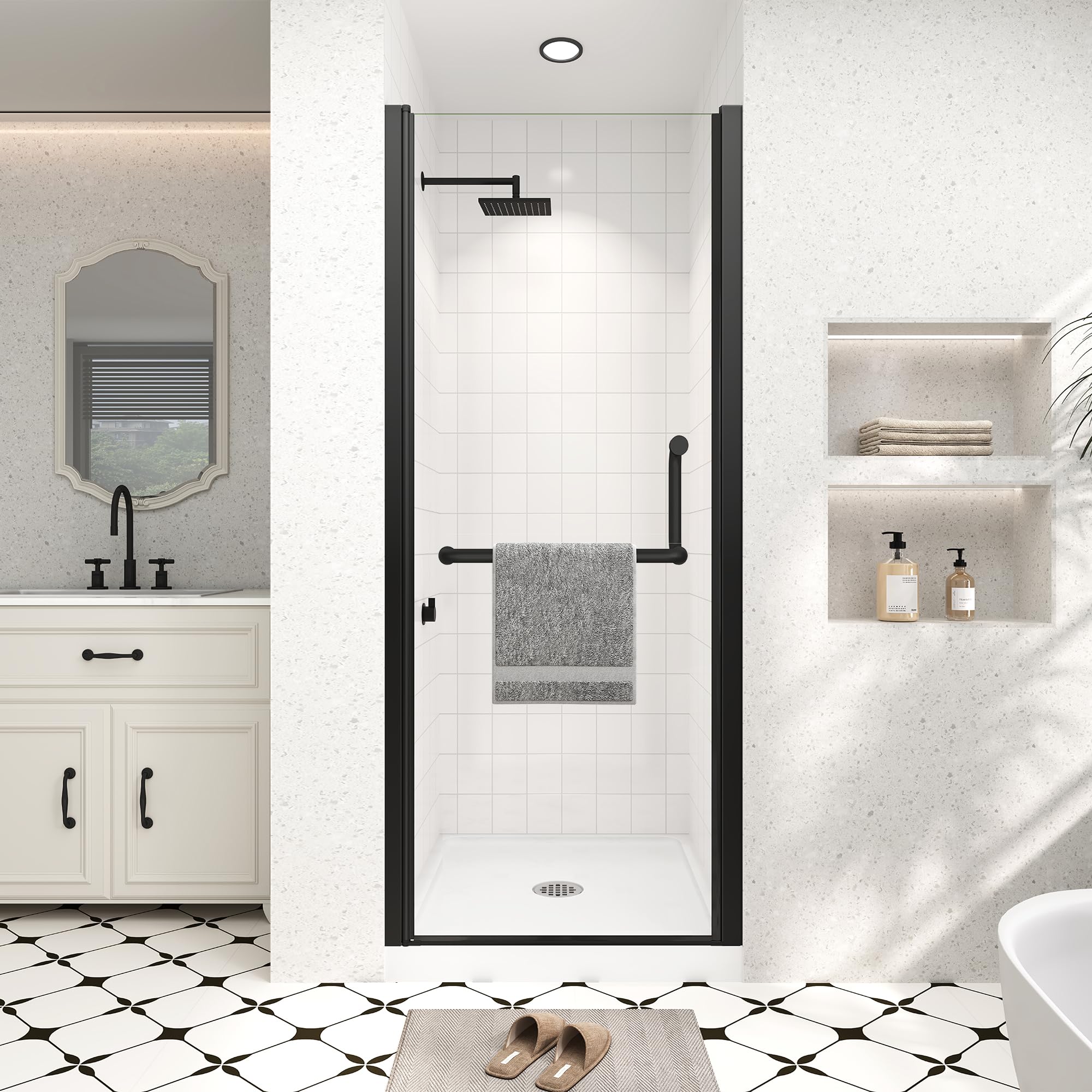 Photo 1 of Frameless Pivot Shower Door 26"-28" Wx72 H,1/4"(6mm) Clear Nano Coated (SGCC) Tempered Glass,Reversible Swing Shower Door for Walk-in Shower,Modern Matte Black Finish