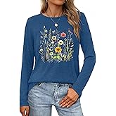 HQP Women's Vintage Floral Long Sleeve T Shirt Boho Floral Printed Shirt Wildflower Graphic Tee Casual Tops
