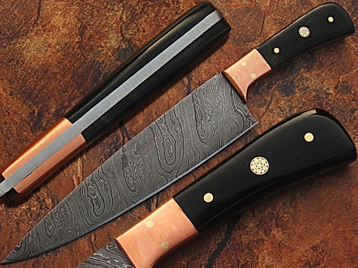 Custom Made Damascus Steel Chef Knife Buffalo Horn Handle Copper Guard (Limited Edition)