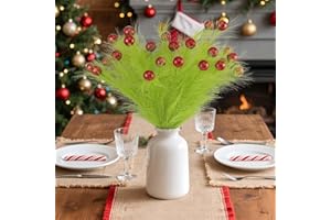 Hananona 30pcs 15" Christmas Picks and Sprays Christmas Tree Filler Green Curly Greenery Stems with Red Ball Xmas Artificial Stems for CraftsTree Decor, Vase Fillers, Home Decorations (30, Green)