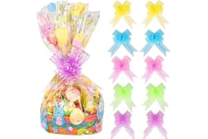 Kolewo4ever 10 Pack Easter Jumbo 32 x 22 Inches Easter Bunny Wrap Bags Cellophane Gift Wrap with 10 Pieces Pull Bows