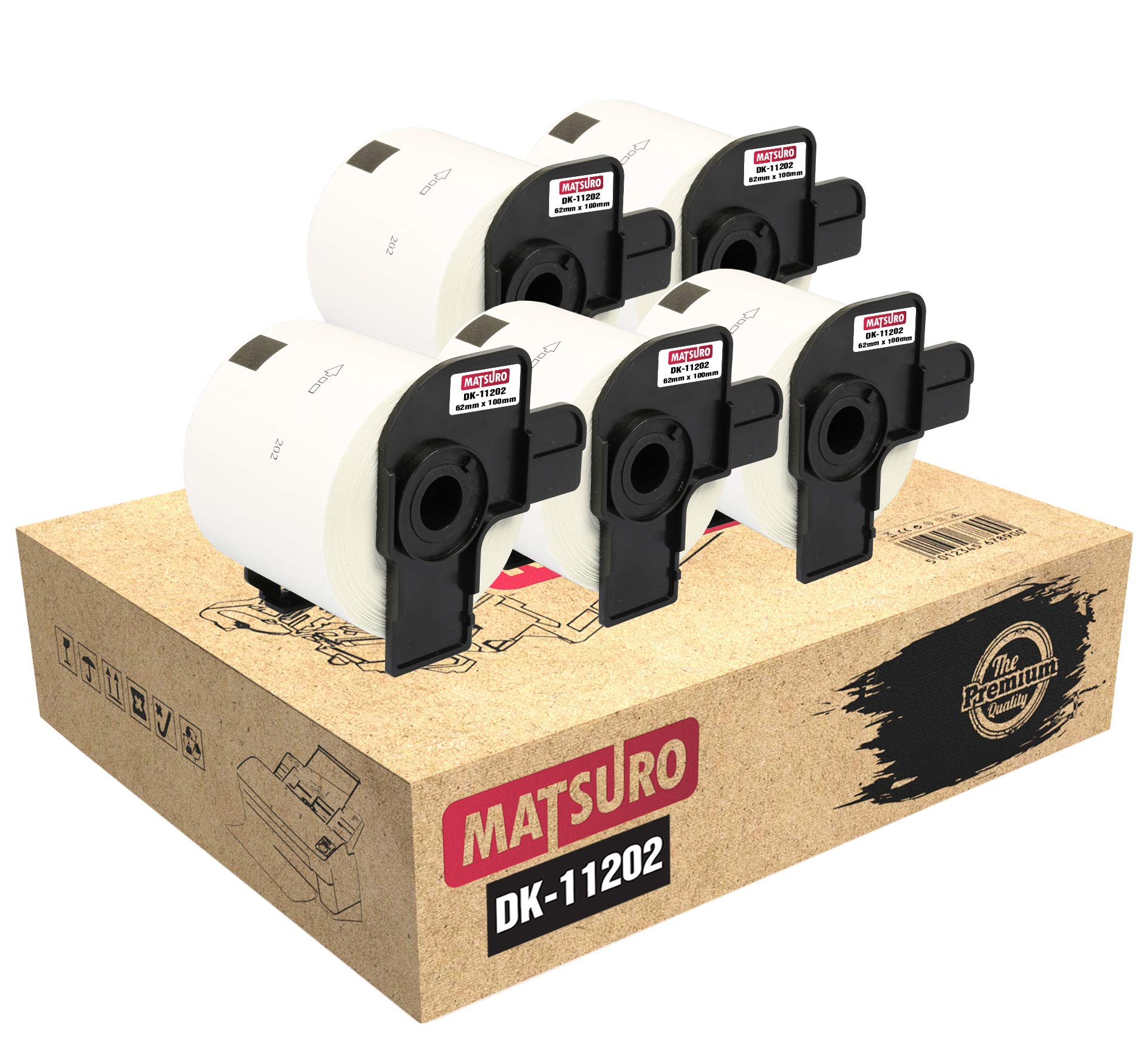 Matsuro Original | Compatible Shipping Label Rolls Replacement for Brother P-Touch DK-11202 DK11202 (62 mm x 100 mm | 300 Labels per Roll | 5 Pack)