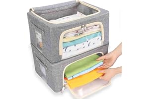 Storage Bin Organizer, Foldable Storage Box - Cotton Linen Fabric Clothing Boxes with Clear Window and Zipper, Closet Storage