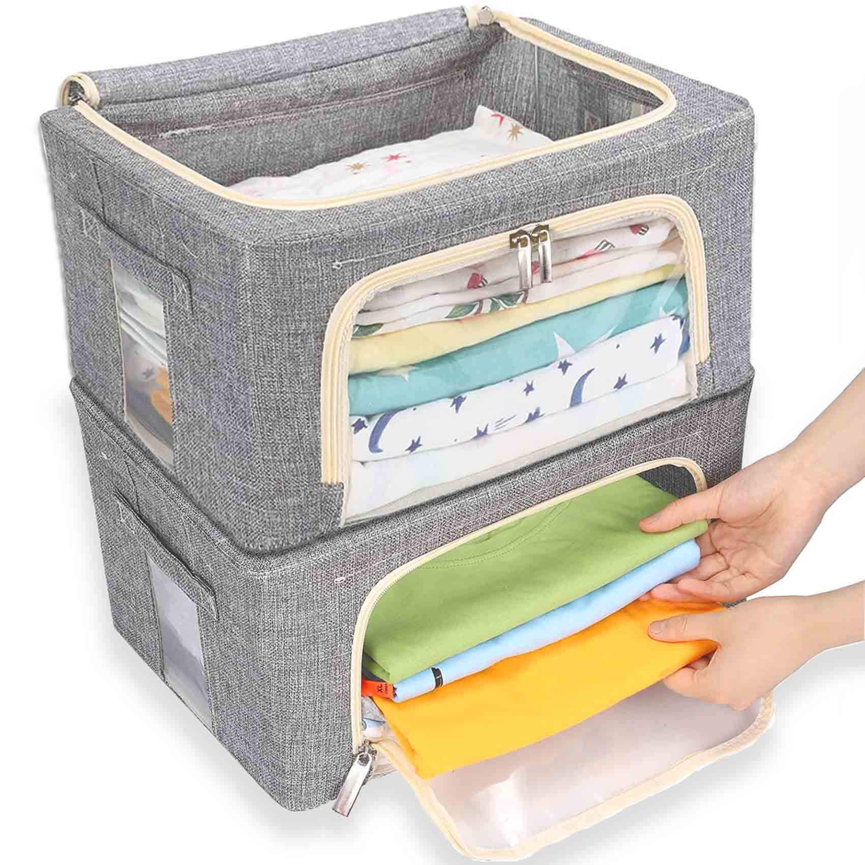 WUPYE Storage Box with Lid, Foldable Storage Cubes with Metal Frame, Storage Boxes with Clear Window Zippers & Doors, Fabric Storage Bags for Clothes Wardrobe Bedroom(Grey) (22 Liter)