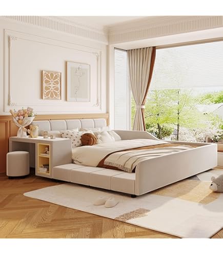 Amazon.com: DNChuan Queen Size Low-Profile Platform Bed with Desk