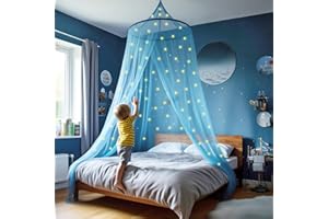 UB-STORE Blue Canopy for Girls Bed with Pre-Glued Glow in The Dark Stars - Princess Mosquito Net Room Decor - Kids & Baby Bedroom Tent with Galaxy Lights - 1 Opening Canopy Bed & Hanging Kit Included