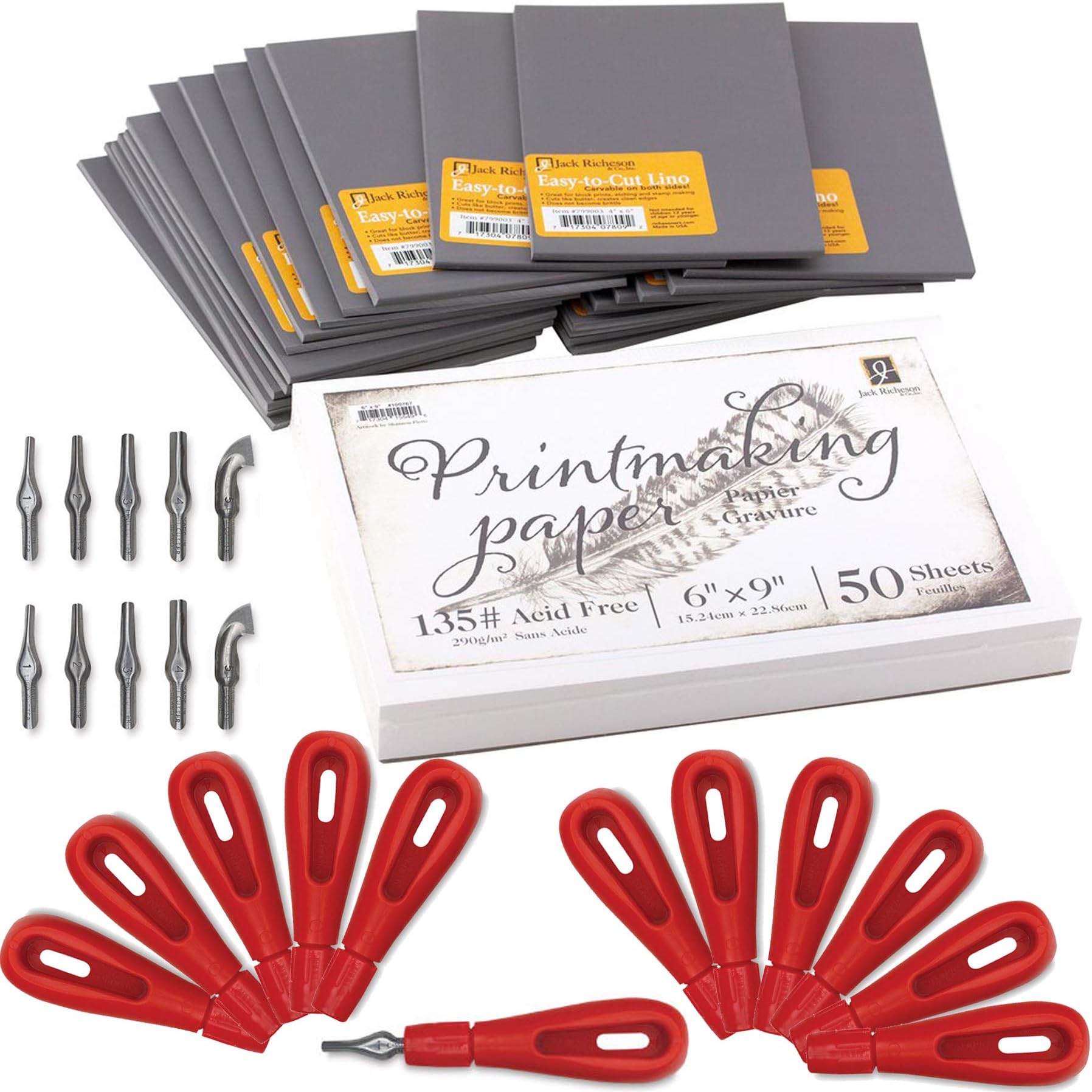 Class Printmaking Project Carving Pack 24 Print Plate Carve Studio 24 EZ Cut Gray Lino + 12 Linoleum Cutting Tool + Blade Artist Art 50 Sheets Papers and Tool Set