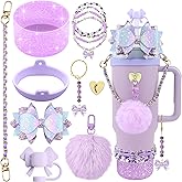 Hpebl 12PCS Accessories for Stanley Cup 40oz&30oz Tumbler Accessories including Silicone Cute Purple Bow Straw Topper Cover Silicone Stanley Boot Leather Water Handle Strap Bracelet Y2K Purple Charms