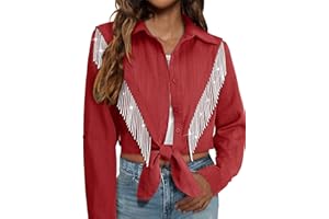 MYMORE Womens Rhinestone Fringe Cropped Button Down Shirt Rolled 3/4 Sleeve Tie Front Top Western Cowgirl Rodeo Outfit