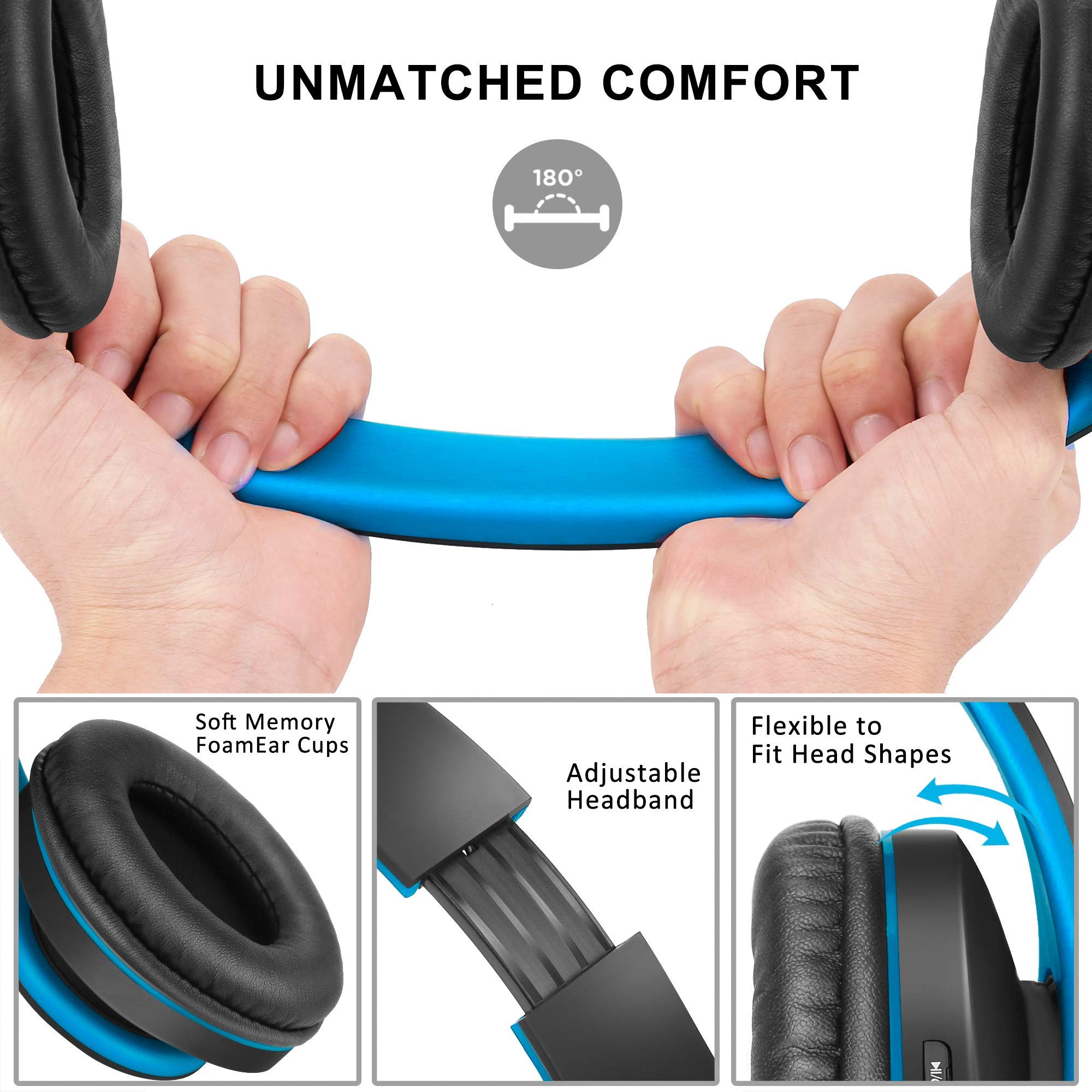 Wireless Over-Ear Headset with Deep Bass, Bluetooth and Wired Stereo Headphones Buit in Mic for Cell Phone, TV, PC,Soft Earmuffs &Light Weight for Prolonged Wearing by Zihnic (Black/Blue)