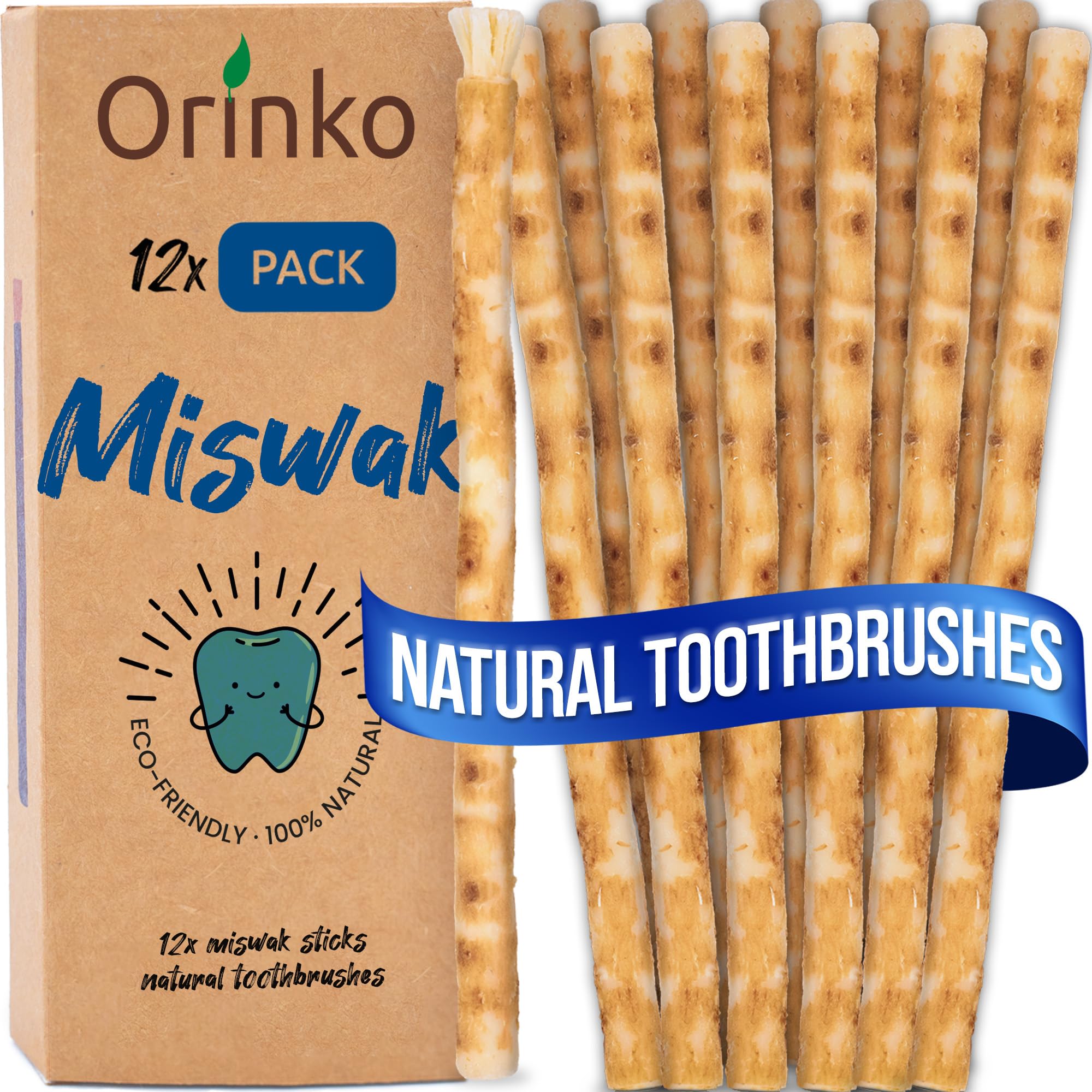 ORINKO® Miswak Stick x12 - Natural Chewable Wooden Toothbrush for Oral Hygiene - Organic Miswak Dental Tool for Fresh Breath - Reusable Miswak for Teeth Whitening and Healthy Smiles