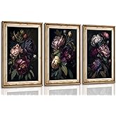 3 Pcs Moody Floral Canvas Wall Art Vintage Dark Peony Flowers Botanical Still Life Painting Picture Wall Decor Poster Print Artwork for Living Room Bedroom Women Room Home Decoration Unframed
