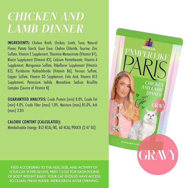 WERUVA PARIS HILTON PAMPER LIKE PARIS WET CAT FOOD, CHICKEN AND LAMB IN GRAVY, 2.47OZ POUCH, PACK OF 12