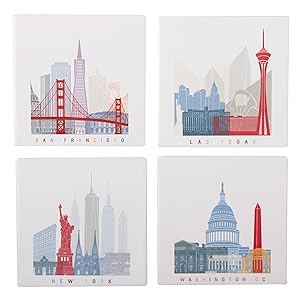 Planet Ethnic World Explorer (USA - Washington DC, New York, Las Vegas, San Francisco) Ceramic Coaster Set (4 coasters, each almost 4 X 4 inches) with matching wooden coaster holder and nice gift box