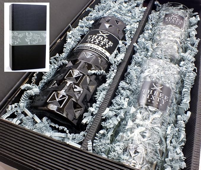 Geschenkkarton mit Three Sixty Vodka BLACK 42% 0,7l und 2 original Gläsern 0,3l