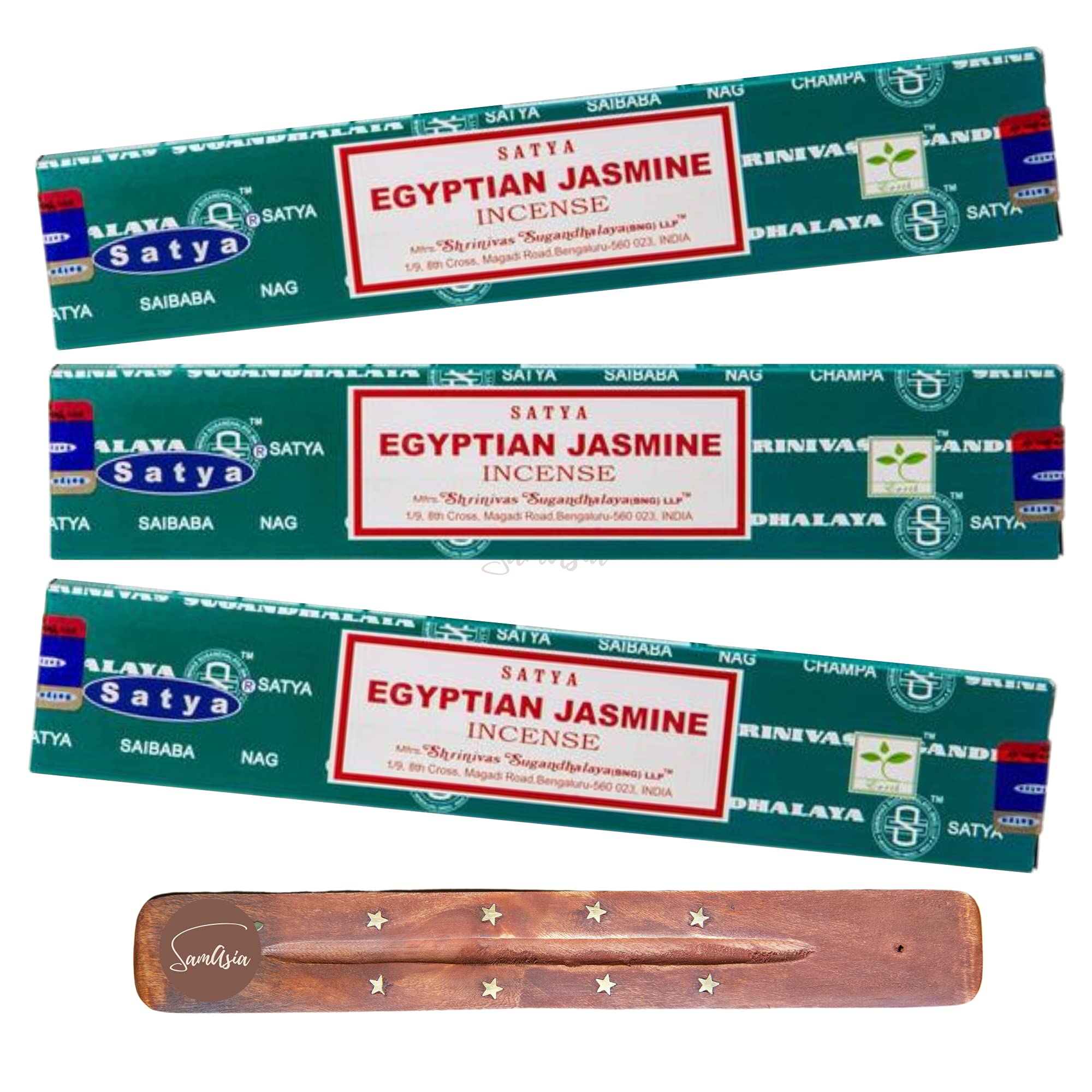 Satya Nag Champa Egyptian Jasmine Incense Sticks | x3 pack | with SAMASIA incense holder | Used for Aromatherapy, Yoga, Meditation and Relaxation