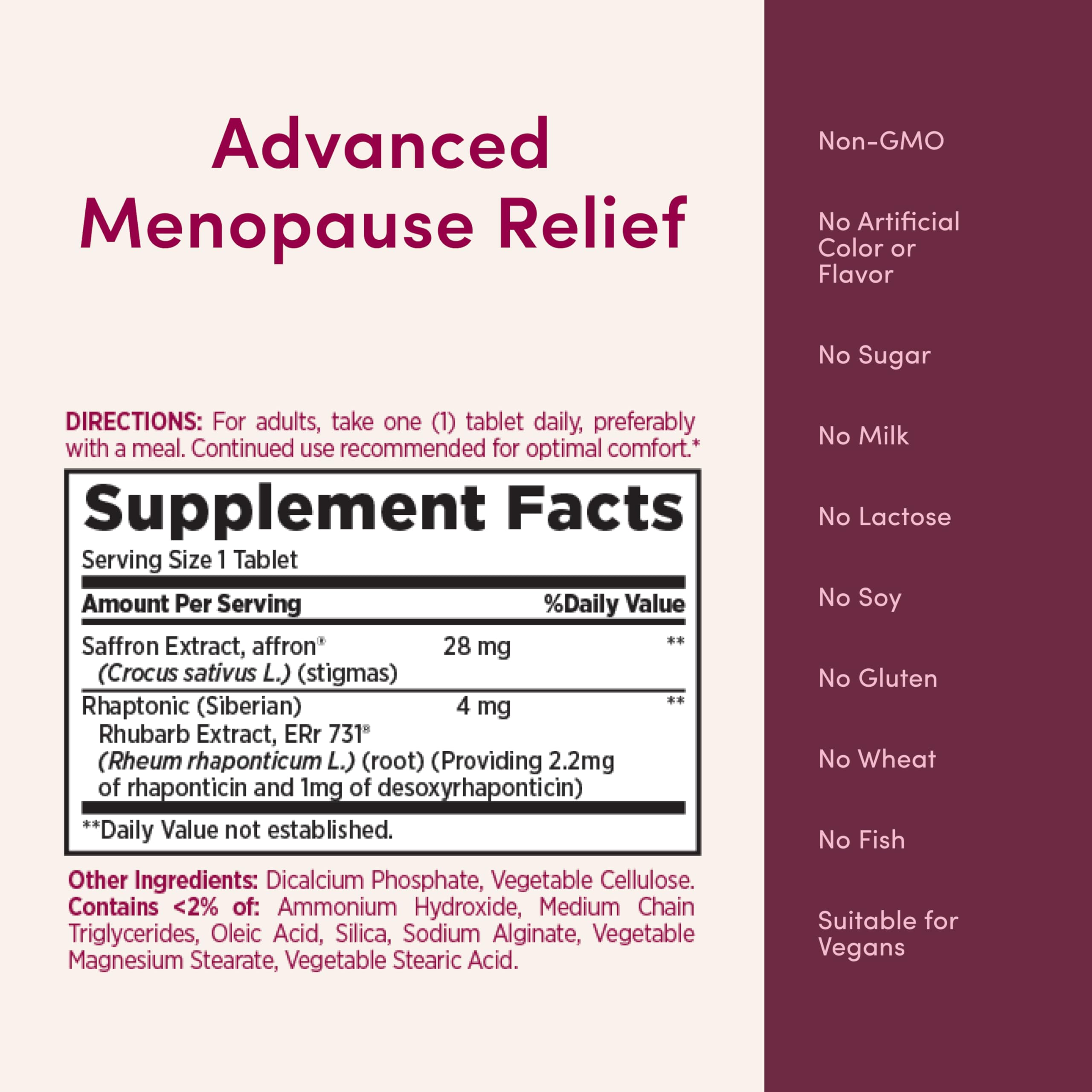 Nature’s Bounty Optimal Solutions Advanced Menopause Relief, Menopause Supplement for Women featuring Siberian Rhubarb, Hotflash Relief, No added Hormones, Drug-Free, 30 Tablets, 30 Total Servings
