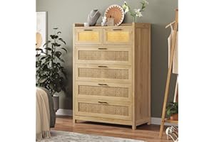 AOGLLATI 6 Drawer Dresser for Bedroom, Natural Rattan Wood Dressers with Led Light, Tall Dressers & Chests of Drawers, Bedroom Closet Dresser for Bedroom, Entryway