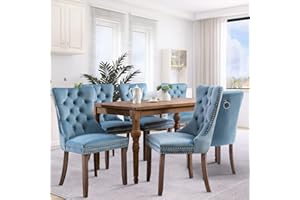 SoarFlash Velvet Dining Chairs Set of 6, Tall Back Side Chair, Modern Upholstered High-end Tufted Side Chair with Button Back Ring, Solid Wood Legs (Sky-Blue)
