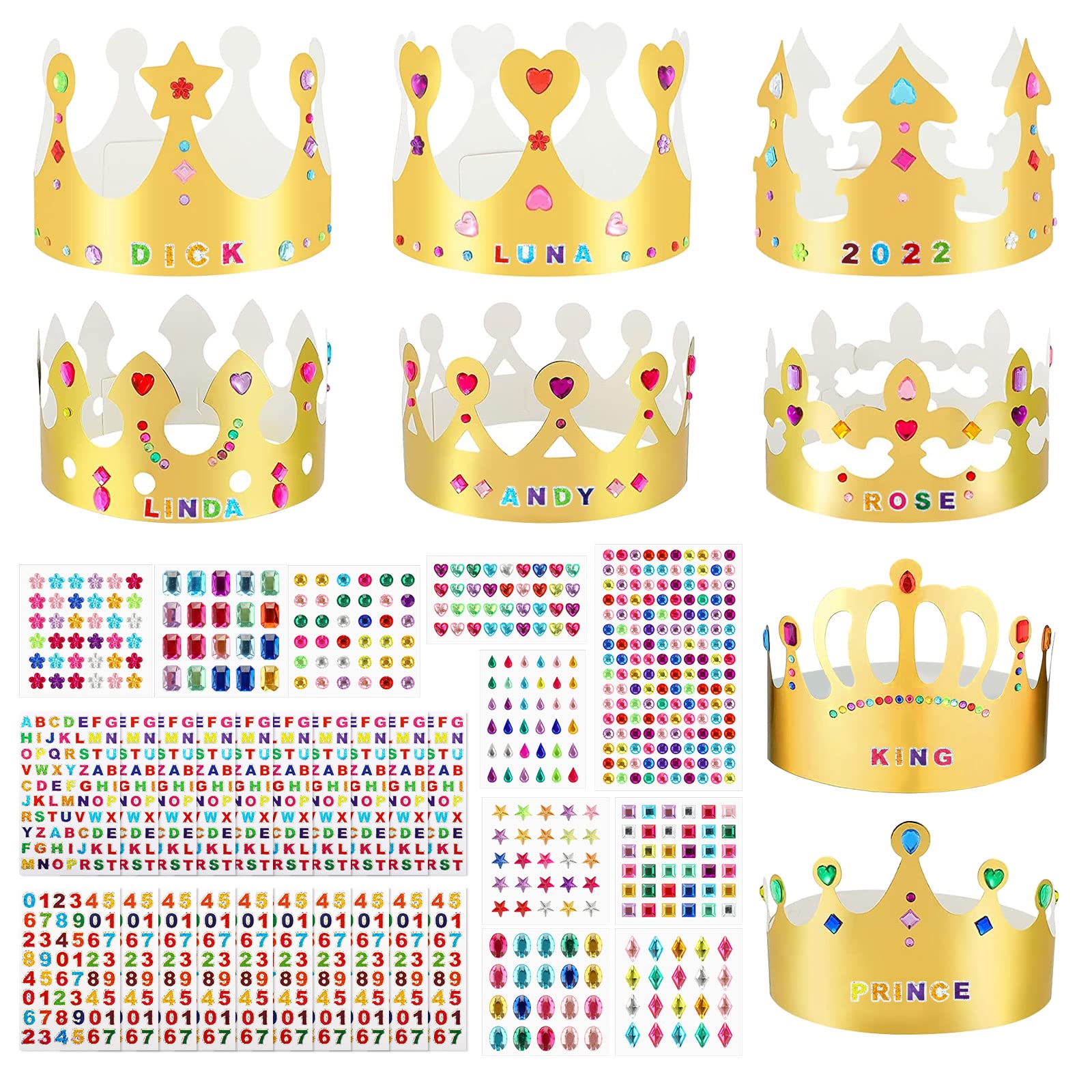 24 Pcs Paper Party Crown Golden Card With 1560 Stickers - Jubilee Crowns for Kids to Decorate Prince Princess Hats for Adults Party