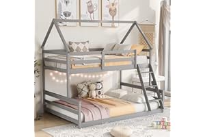 LUSPAZ Twin Over Full Size Wood House-Shaped Bunk Bed Frame with Built-in Ladder for Kids, Safety Design Bunk Bed, Easy Assembly, No Box Spring Required, for Kid's Room or Dormitory, Gray