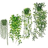 SHENLIU Artificial Hanging Plants for Shelf, 4 Pack Fake Potted Greenery Plant Faux Eucalyptus Vine, Mandala Vine, String of Pearls, Pea pod Leaves in Pot for Office Home Garden Indoor Outdoor Decor